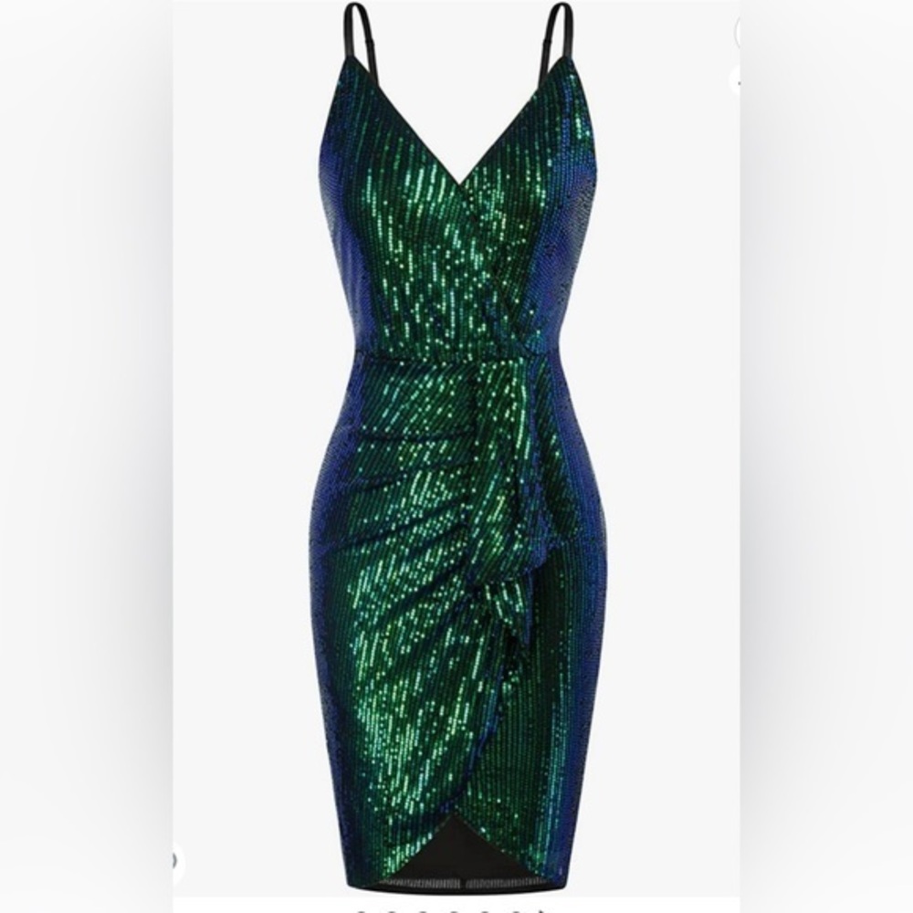 🌼 GRACE‎ KARIN WOMENS SEQUINS DRESS. V Neck Runched Bodycon Spaghetti Size Med